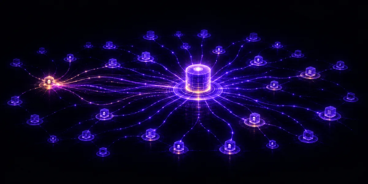Ein Netzwerkplan aus leuchtenden Knoten, violette Lichtlinien breiten sich von einem Knoten über das ganze Netz aus