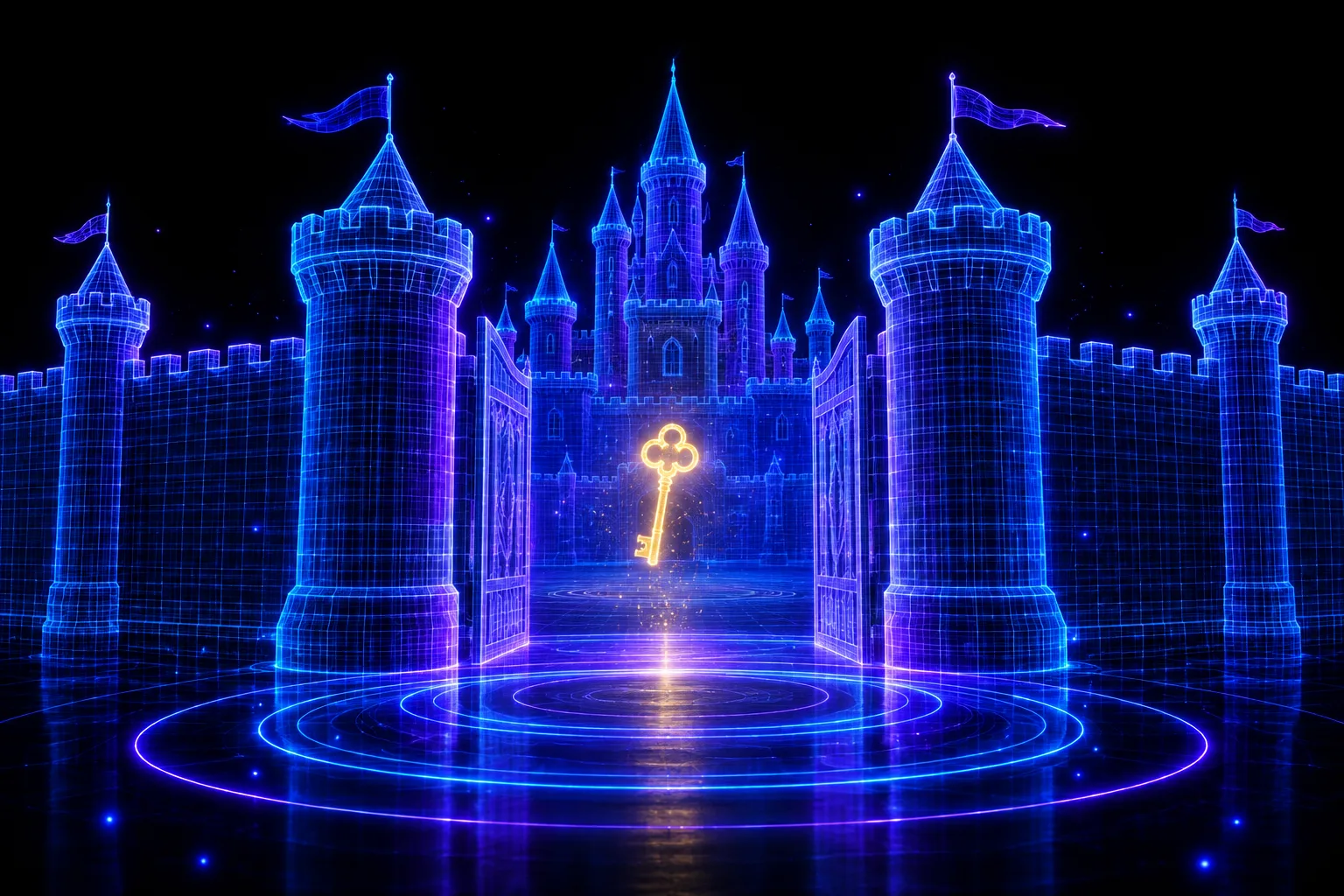 Eine holografische Burg mit Mauer und offenem Tor, durch das eine leuchtende Schlüssel-Silhouette hineingleitet