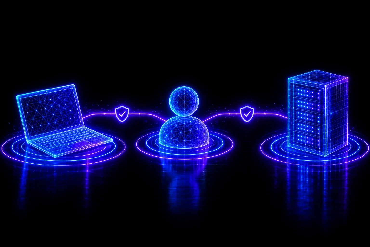 Ein Laptop, ein Nutzer-Icon und ein Server, verbunden durch Lichtbahnen, an jeder Verbindung ein leuchtendes Prüfzeichen